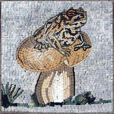 a frog sitting on top of a mushroom covered in small mosaic tile tiles with green and brown accents