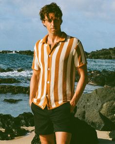 The Dominica Crochet Shirt - Burnt Sienna Stripe – Dandy Del Mar Italian Summer Male Outfits, 70s Beach Outfit, Italian Summer Outfits Men, Italian Pool, Bro Birthday, Sunset Soiree, Bali Outfit, Retro Pool