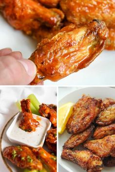 chicken wings and dipping sauces are shown in four different pictures, including one being dipped with ketchup