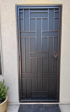 a door with a plant in front of it and a potted plant next to it