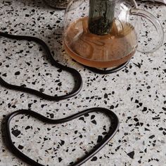 a black snake is on the floor next to a glass teapot with a plant in it