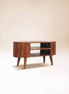 a wooden table with a glass shelf on the top and legs, in front of a white background