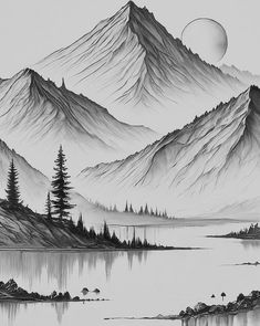 a black and white drawing of mountains with trees in the foreground, and a body of water below