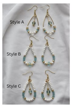 four different styles of earrings with beads and pearls on the end of each earring