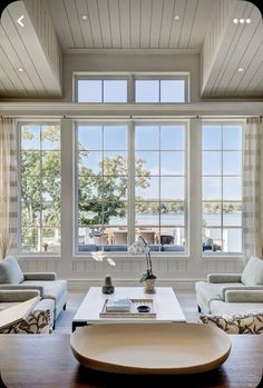 a living room with two couches and a coffee table in front of large windows