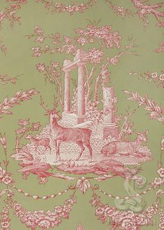 a green wallpaper with pink and white animals on it's sides, surrounded by flowers