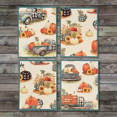 four pictures of pumpkins, trucks and sunflowers on a wooden background with wood planks