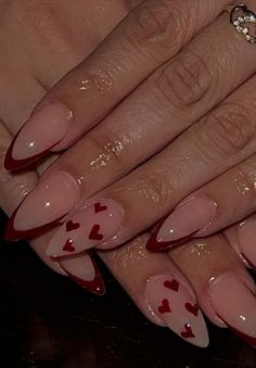 Random Nail Designs Acrylic, Nail Idea For Valentines Day, Nails To Go With Dark Red Dress, Nail Inspo Coffin Short Winter, Nails Design Red Elegant, Easy Nail Art Coffin, Almond Acrylic Nails Dark, Almond Nails With Simple Design, Red Heart Almond Nails