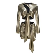 a women's gold top with a tie around the waist and long sleeves,