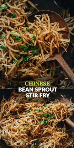 chinese bean sprout stir fry in a skillet with the words, bean sprout stir fry