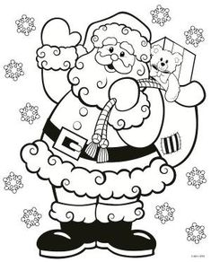 santa claus coloring page with snowflakes and teddy bears in the background, black and white