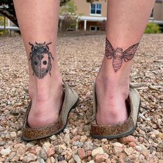 a woman's legs with tattoos on them and a bug tattoo on the ankle