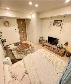 a living room with a bed, couch and television