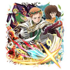 an anime character with two swords and other characters behind him, in front of a white background