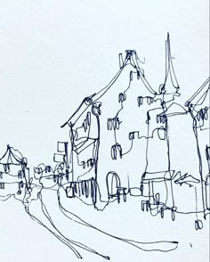 an ink drawing of houses on a street