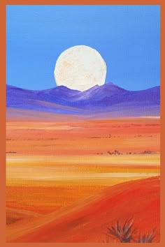 an oil painting of a desert landscape with the moon in the sky and mountains behind it