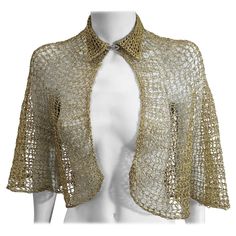 Elegant and versatile Art Deco Hand Crochet Gold Yarn Capelet from the 1930's with pave Deco clasp. Hand crochet in circular pattern in an open work web. Small neck size, 13.00", approx 15" long. 1930's USA. Gold Crochet, Art Deco Crochet, Crochet Lace Capelet, Vintage Capelet, Vintage Capelet Pattern, 1930s Crochet, Circular Pattern, Yarn Projects, Vintage Crochet