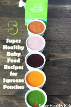 three cups filled with different types of baby food