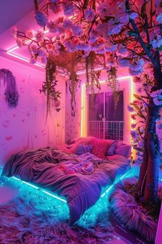 a bedroom decorated in pink and purple with neon lights on the ceiling, bed covered in fur