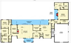 the floor plan for an apartment building with two pools and three separate rooms, including one bedroom