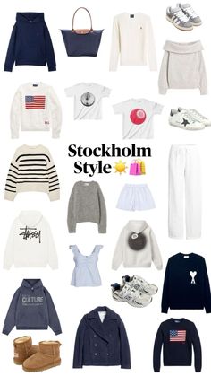 an assortment of clothing and shoes with the words stockholm style