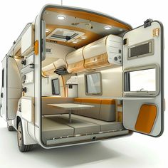 the interior of an rv is shown in white and orange