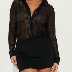 Black Sequin Blouse Brand New Black Sequin Blouse For Date Night, Glamorous Long Sleeve Blouse For Going Out, Chic Black Blouse For Date Night, Glamorous Going-out Blouse, Elegant Black Blouse For Night Out, Chic Black Party Blouse, Black Fitted Blouse For Going Out, Fitted Black Blouse For Going Out, Black Party Blouse