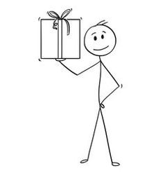 a stick figure carrying a gift box with a bow on it's head, drawn by hand