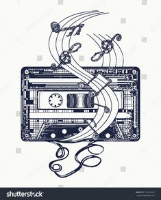 an old cassette player with music notes coming out of it's side, on a white background