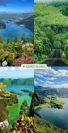 the four images show different types of mountains and lakes in each country's landscape