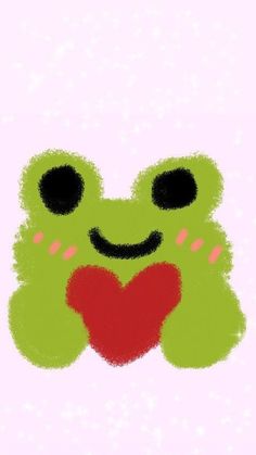 a green frog with a red heart in its mouth