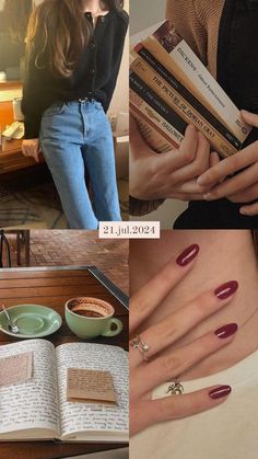 four different pictures with various nail polishes and coffee mugs on the table next to each other