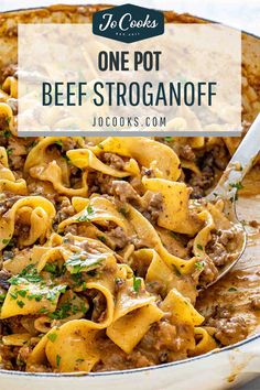 one pot beef stroganoni in a white casserole dish