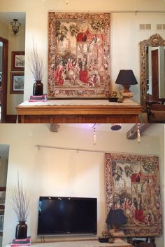 two pictures of a living room with tapestry on the wall