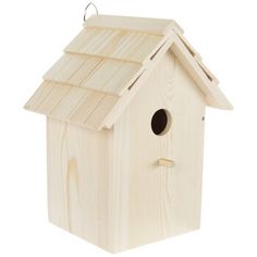 a wooden birdhouse on a white background