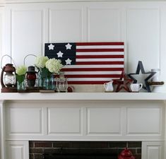 an american flag is on the mantle above a fire hydrant