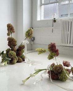 flowers are arranged on the floor in front of a window