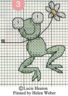 a cross stitch pattern with a frog holding a flower in it's hand and the number three