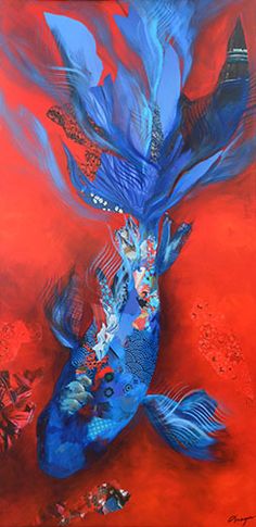 a painting of a blue fish with red and blue colors on it's body