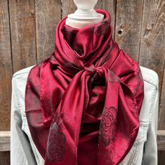 Our elegant wild rag/scarf in burgundy with rose pattern. A perfect square - measuring 42"x42". Adding that extra touch of a western style to your outfit. 100% soft silk feeling polyester is durable to keep you warm in the cold and fashionable for any occasion. Plus it's machine washable!  Additional accessories are available- (Please see our slide options on our site)  Leather slides Western concho slides Crystal concho slide  Buckle slides Wither Strap, Beaded Dog Collar, Designer Dog Collars, Teal Flowers, Perfect Squares, Wild Rag, Designer Scarves, Leather Slides, Cashmere Scarf