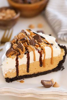 a slice of peanut butter pie on a plate