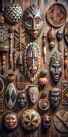 many african masks on display against a wooden wall