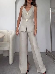 Dressy Vest Women, Affordable Sleeveless Party Vest, Luxury Chic Strapless Jumpsuit For Work, Ladies Summer Suits, Elegant Suits For Women Summer, Elegant Sleeveless Blazer, Luxury Straight Pant Set For Formal Occasions, Cheap Elegant Vest For Day Out, Accessories For Semi Formal Attire