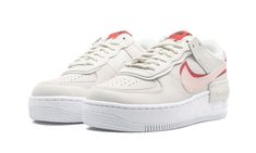 The Nike Air Force 1 Shadow is a women's style with a design that has us seeing double.  Dubbed the "Phantom" colorway, this AF1 takes the iconic sneaker silhouette and adds shades of pink and red to a cream-colored leather base.  Layered milky white paneling at the eyestay adds a dimensional effect.  Also doubled up are the sneaker’s Swoosh and midsole “AIR” branding found on the lateral side and in two spots at the heel.  Below, a crisp white sole holds Nike Air cushioning and a rubber tractio Shadow Phantom, Yeezy 750, Nike X Travis Scott, Nike Air Force 1 Shadow, Nike Air Force One, Air Force 1 Shadow, Low Air Jordan 1, Birthday Inspo, Jordan 8