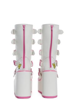 These platform boots have a vegan leather construction, buckle detailing, rubber enamel My Melody charms, embroidered bow detailing, pink rubber outsoles, and a back zipper closure. Desert Nomad, Shoes Platform Sneakers, Embroidered Bow, Kawaii Shoes, Sanrio My Melody, Festival Shop, Shoes Platform, White Party, Shoes Shop