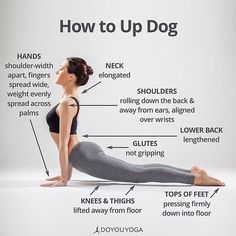 a woman doing yoga poses with the words how to up dog