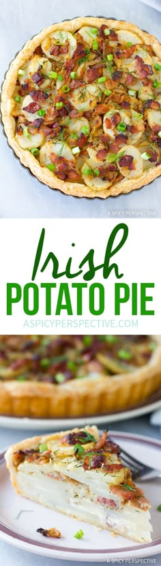 two different types of pies on plates with the words irish potato pie above them