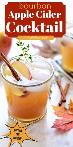 bourbon apple cider cocktail in a glass with cinnamon stick