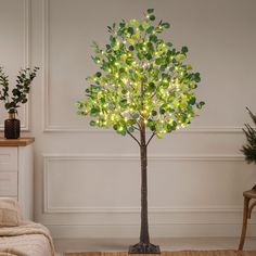 a lighted tree in the corner of a room