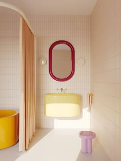 a bathroom with a sink, mirror and yellow stool in it's shadow on the floor